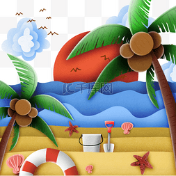 扁平沙滩椅子图片_手绘椰树海滩假日