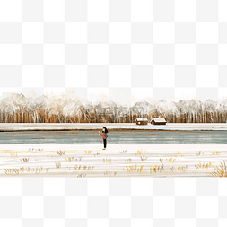 一个人在雪地河岸边散步旅行
