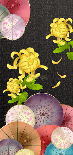 新中式菊花纸伞黑色日式装饰画