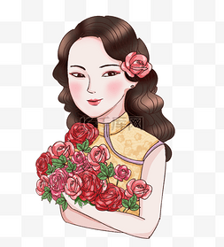 中国传统美女图片_立春节气抱着花朵的民国美女
