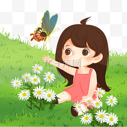 春季草地小女孩蝴蝶
