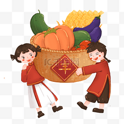 传统服饰图片_秋季庆祝丰收抬着蔬菜的男孩女孩