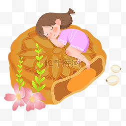 中秋节躺在月饼上的女孩素材