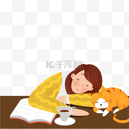 橙色猫咪图片_小女孩在睡觉免抠图