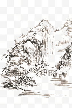 水墨山峰山脉图片_山中小桥水墨画PNG免抠素材