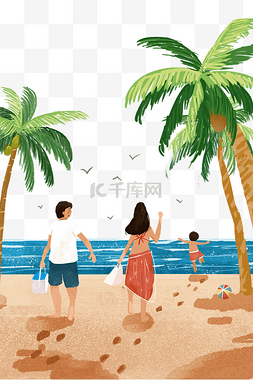 树木沙滩图片_手绘卡通一家人在沙滩上玩耍元素