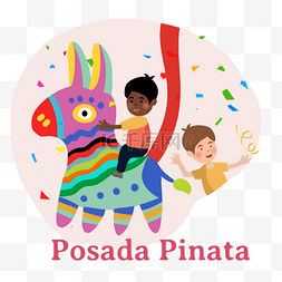 儿童骑着彩色墨西哥posada pinata小