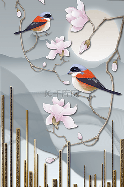 中式灰色图片_新中式花鸟灰色中国风装饰画