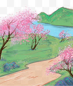 春山水图片_春天春景春季绿色中国风桃花树山