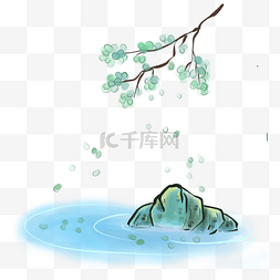 水墨国画石头图片_中国风水墨树枝和水塘