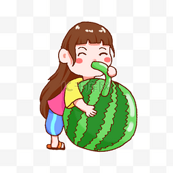 夏天吃西瓜的女孩手绘插画