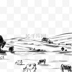 线描动物图片_线描草原牧场养牛场