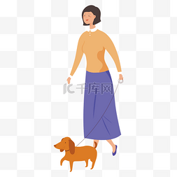卡通女士服装图片_彩色创意遛狗的女士元素