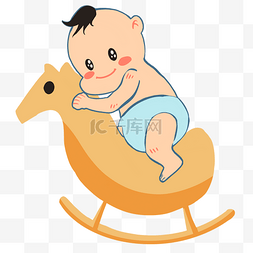 母婴用品蓝色卡通图片_骑着木马的婴儿插画