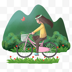 女孩骑自行车春游踏青