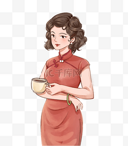 旗袍模特网图片_民国复古旗袍女郎喝咖啡