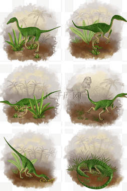 小型恐龙图片_手绘风格绿色细颈龙免扣元素套图