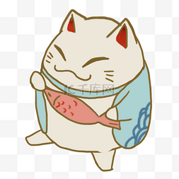 日本的鱼图片_吃鱼的招财猫插画