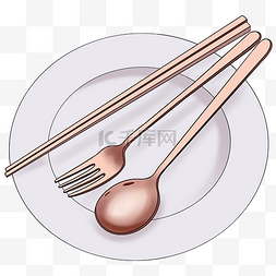 盘子筷子图片_摆在白色盘子里的玫瑰金色勺子