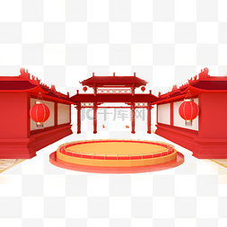 年货节背景背景图片_红色门楼舞台春节不打烊