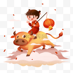 娃牛图片_2021年春节红色喜庆牛年骑牛的孩