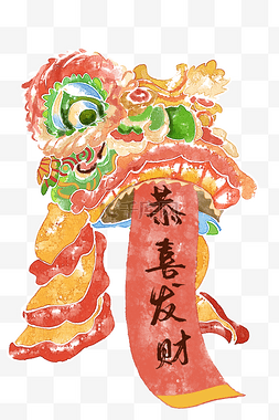 新年喜庆舞狮子图片_新年舞狮子水彩