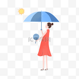 夏季女孩手拿遮阳伞扇子免抠素材