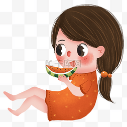 夏天笑脸图片_手绘卡通吃西瓜的女孩免扣元素