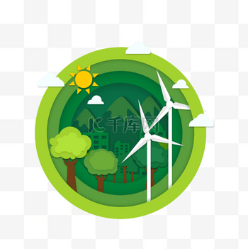 绿色环保风力发电生态剪纸风格绘画