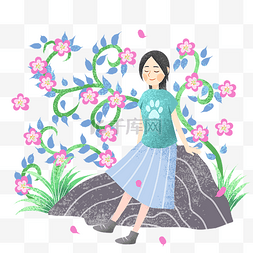 坐在花朵上图片_坐在石头上的女孩场景
