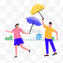 下雨天雨伞雨伞图片_手绘卡通下雨天跳舞插画