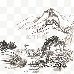 意境山水水墨画图片_古风线描山水水墨画PNG免抠素材