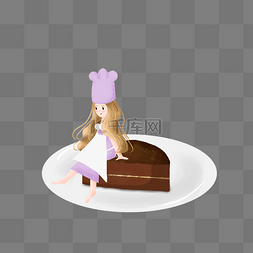 长发的美女图片_简约坐在巧克力蛋糕上的女孩插画