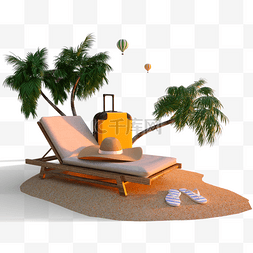 沙滩椅图片_夏阳下的沙滩旅行箱3d夏天