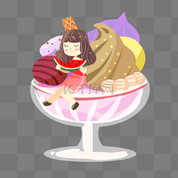 大暑冰淇淋坐着吃西瓜的女孩素材