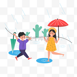 卡通雨水雨伞图片_手绘卡通仙人掌下雨玩耍插画