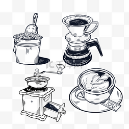 手动研磨机图片_咖啡豆手冲壶研磨机咖啡杯黑白线