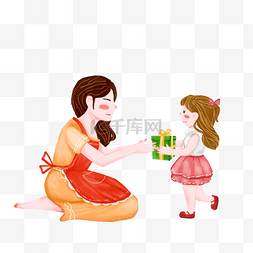 礼物盒子绿色图片_卡通女孩送母亲礼物免抠图