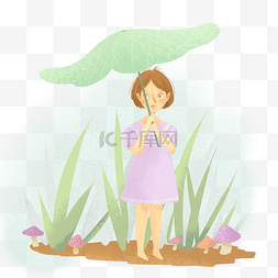 夏天用荷叶当雨伞的小姑娘