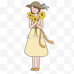 戴草帽的女孩图片_夏天夏日清凉抱向日葵的女孩插画