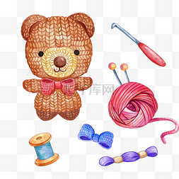 彩色毛毛球线团图片_手绘水彩画针织小熊玩具