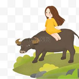 动物植物漫画图片_可爱的女孩骑着牛免抠图