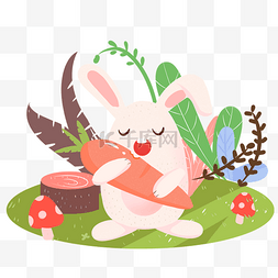 草地上正在吃萝卜的可爱兔子