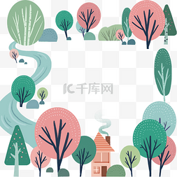 绿色森林大树图片_粉色装饰森林树林装饰边框植物PNG