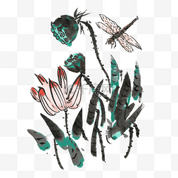 夏天荷花蜻蜓手绘插画
