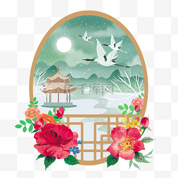 中国古典窗景花开富贵雪景