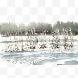 水彩画冬季雪地中的芦苇