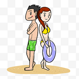 人物玩耍海边图片_卡通夏季情侣沙滩游玩png透明底