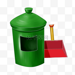 金属垃圾桶图片_绿色垃圾桶与红簸箕