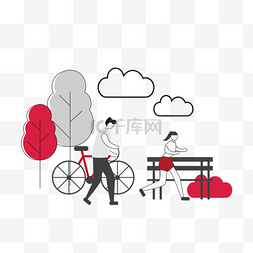 骑自行车插画图片_卡通手绘红色骑自行车环保插画